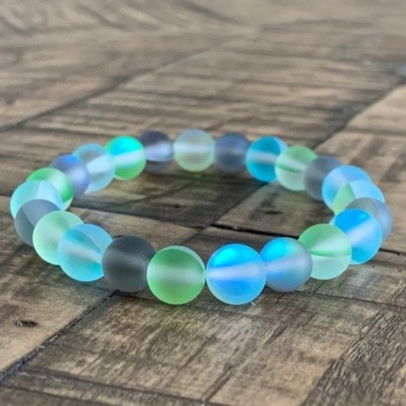 goddess zodiac Jewelry - Blue Green Gray Mystic Aura Stretch Bead Bracelet